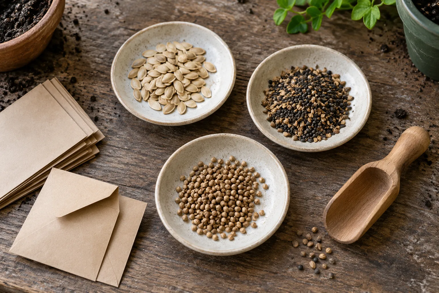 Illustration: Garden seeds in small saucers beside blank envelopes and a wooden scoop.