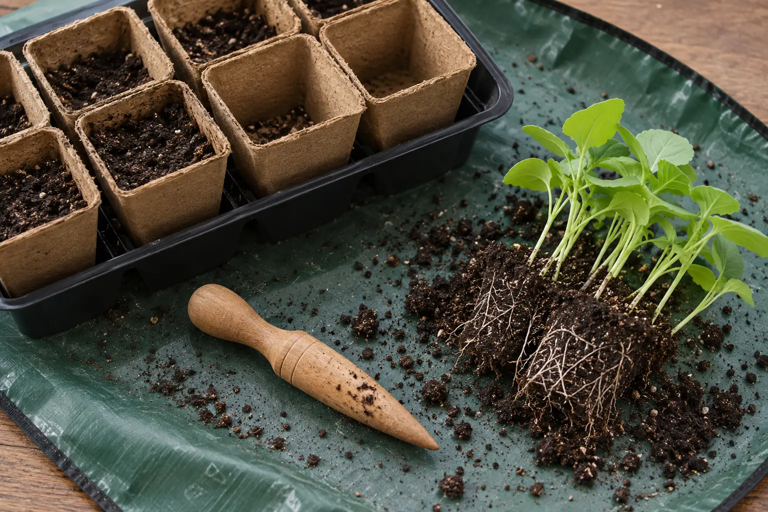 Illustration: A dibber, seed pots and young seedlings on a washable potting mat.