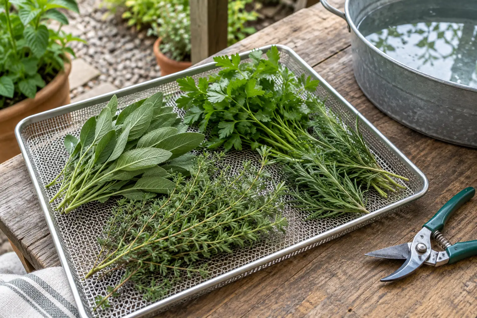 Illustration: Fresh garden herbs on a mesh tray beside a rinse basin and snips.