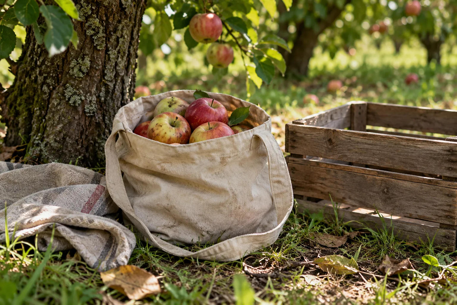 Illustration: A canvas picking bag of apples beside a cloth and empty crate under a tree.