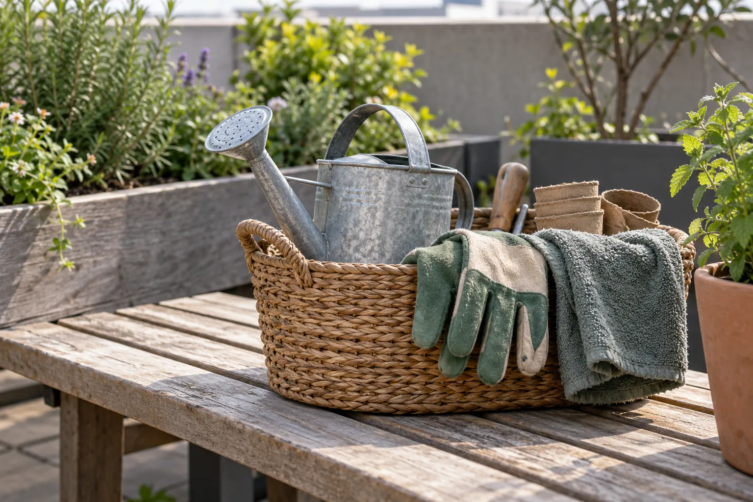 Illustration: A watering can, gloves and a cloth in a rooftop garden basket.