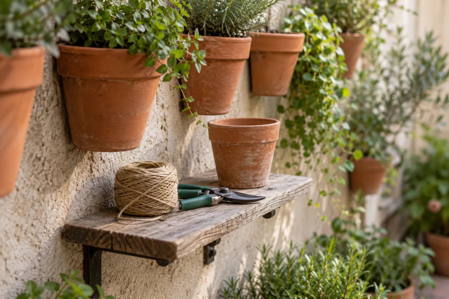 Illustration: Pruning snips, twine and a spare pot beside terracotta wall planters.