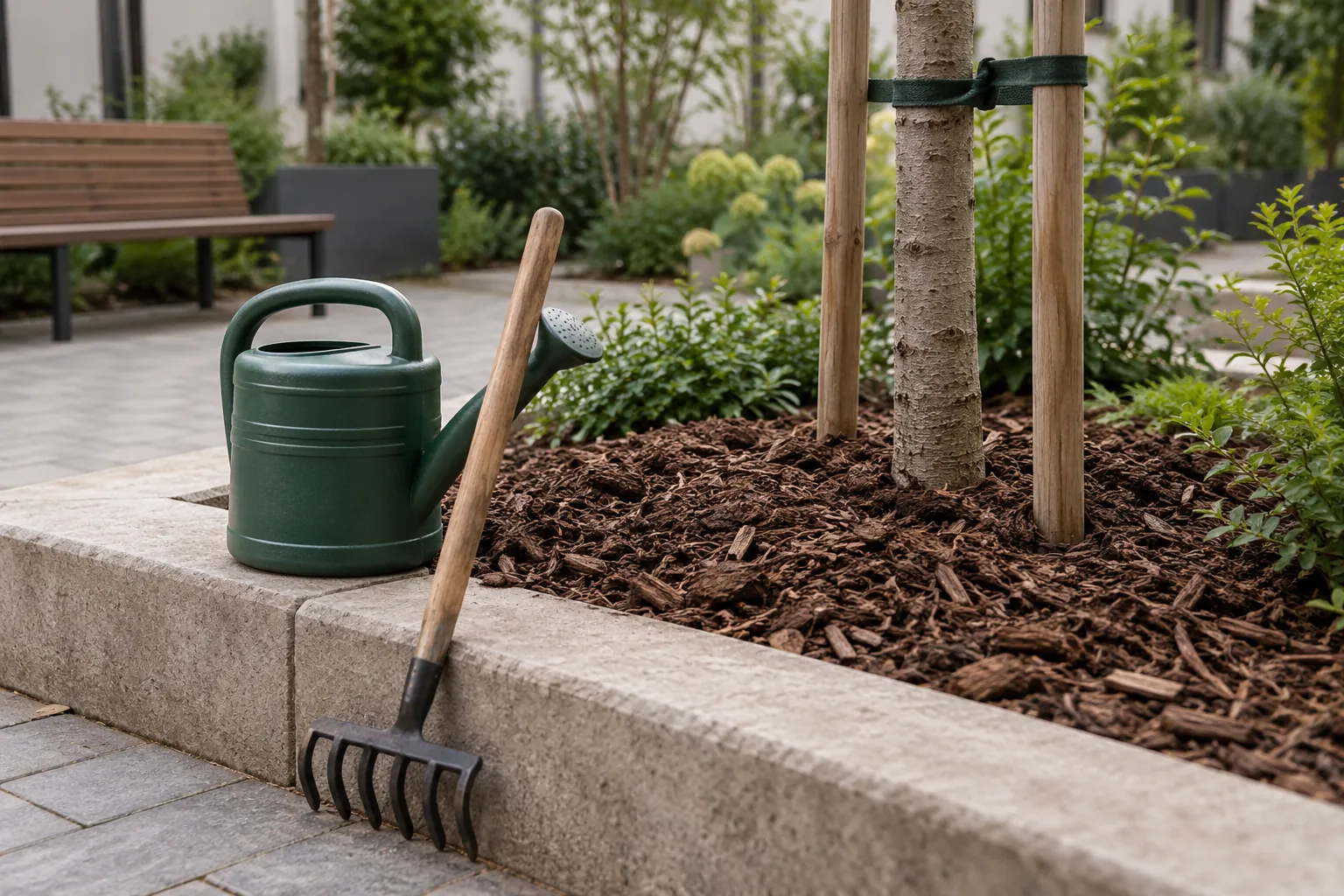 Illustration: A water carrier and mulch rake beside a young tree in a shared courtyard planter.