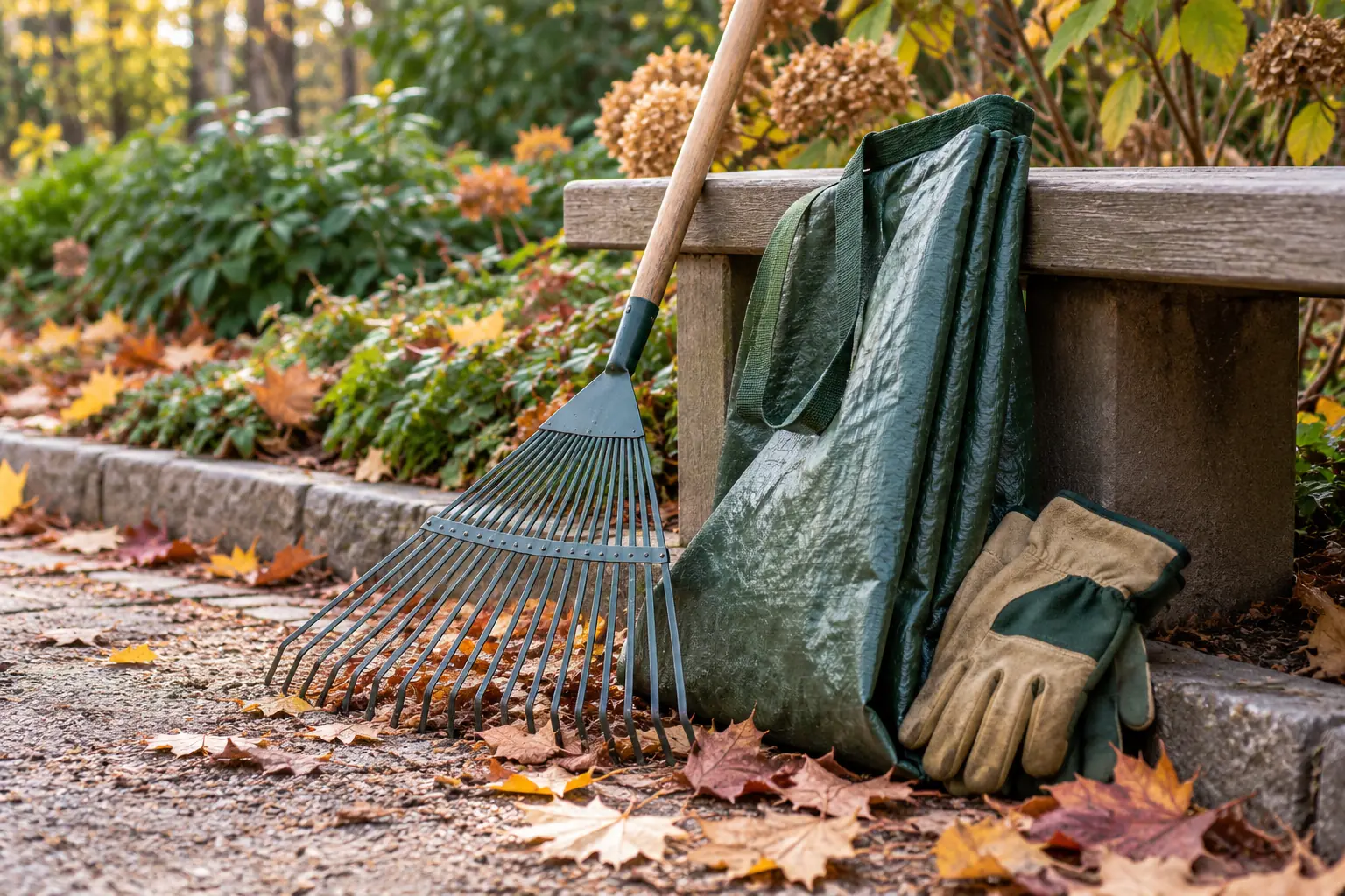 Illustration: A leaf rake, reusable sack and gloves beside a park-border bench.