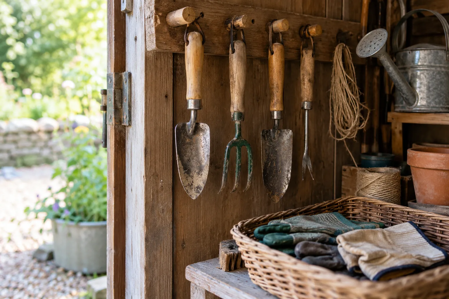 Illustration: Garden hand tools on wooden pegs above a basket of gloves.