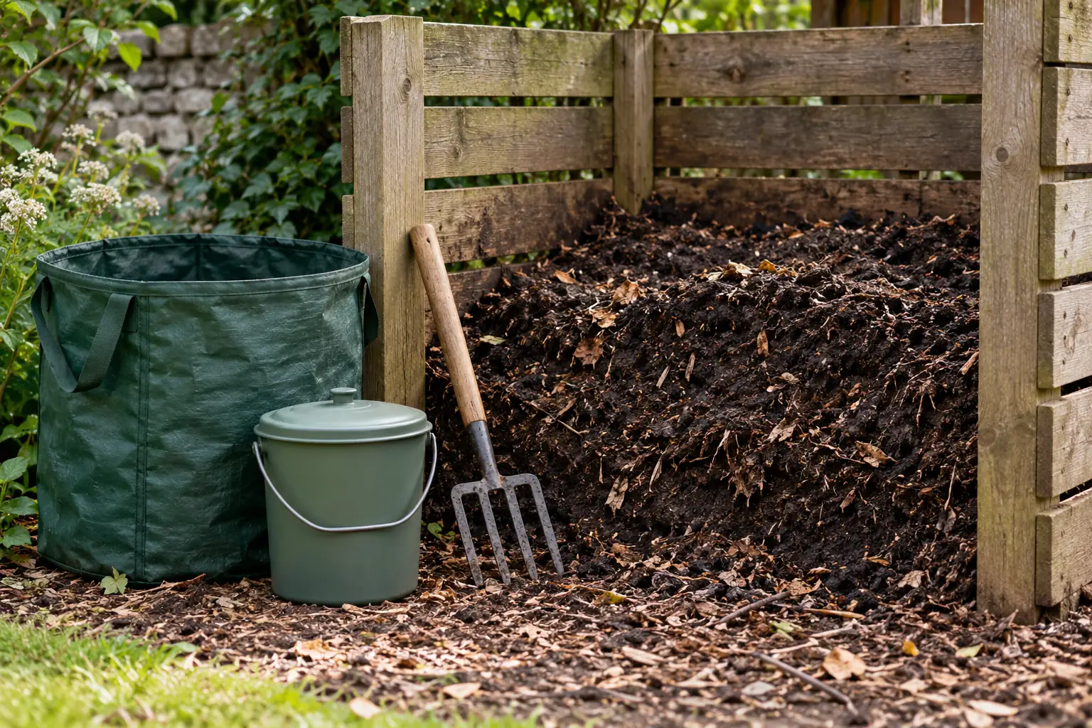 Illustration: A compost bucket, garden fork and leaf sack beside a timber compost bay.