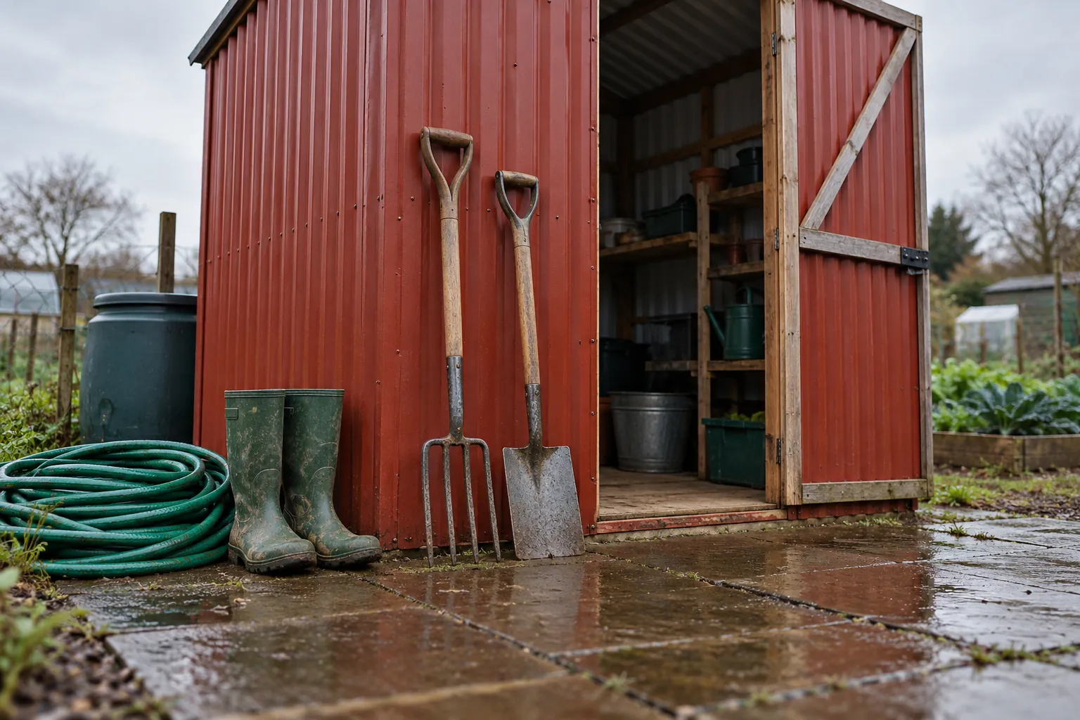 Illustration: Garden forks, boots and hose outside an open red allotment shed.