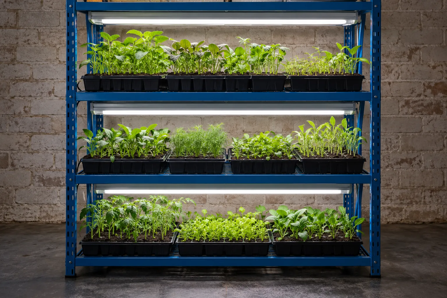 Illustration: Seedling trays under grow lights on a blue propagation rack.