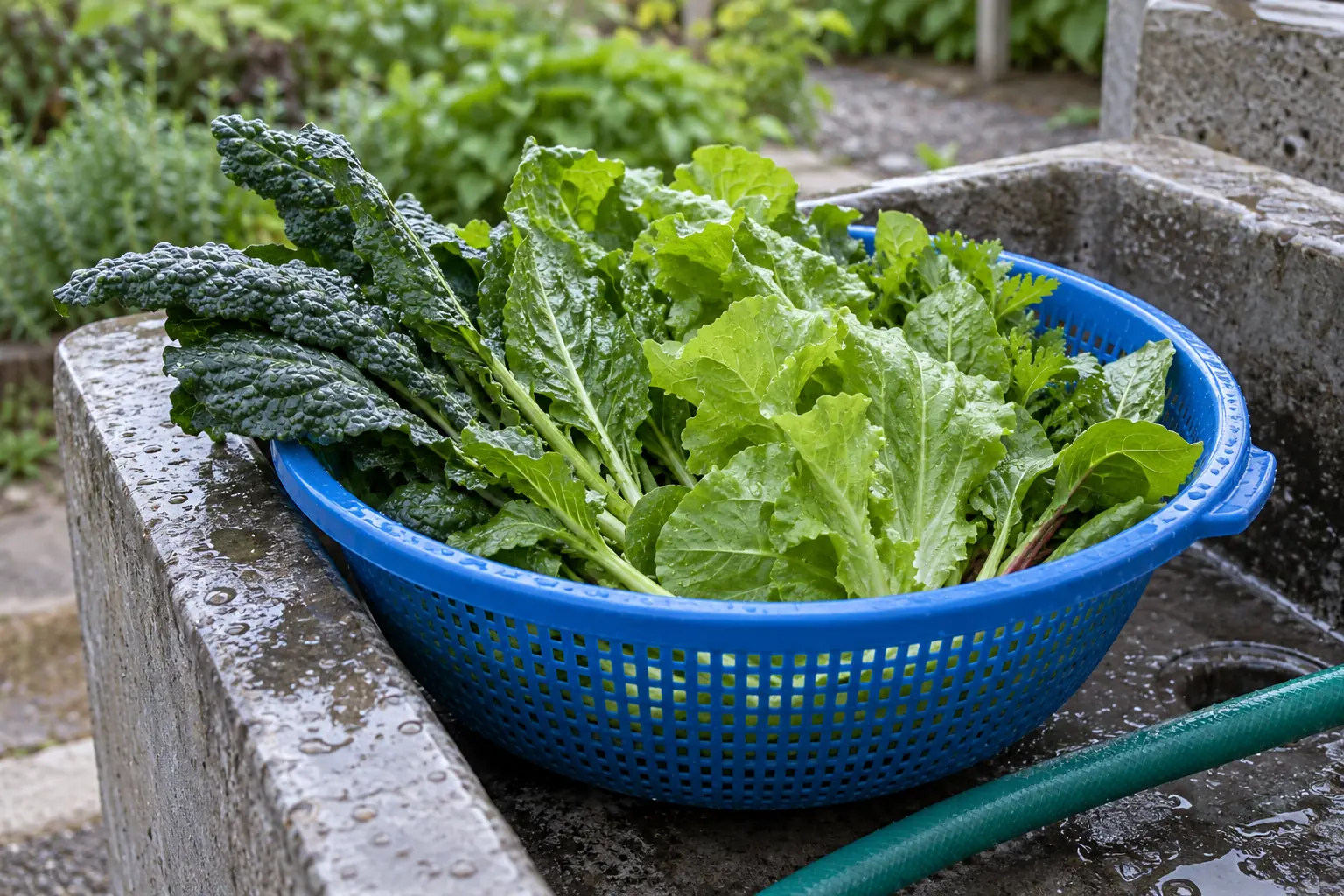 Illustration: Fresh leafy greens in a blue harvesting basket above a wash basin.
