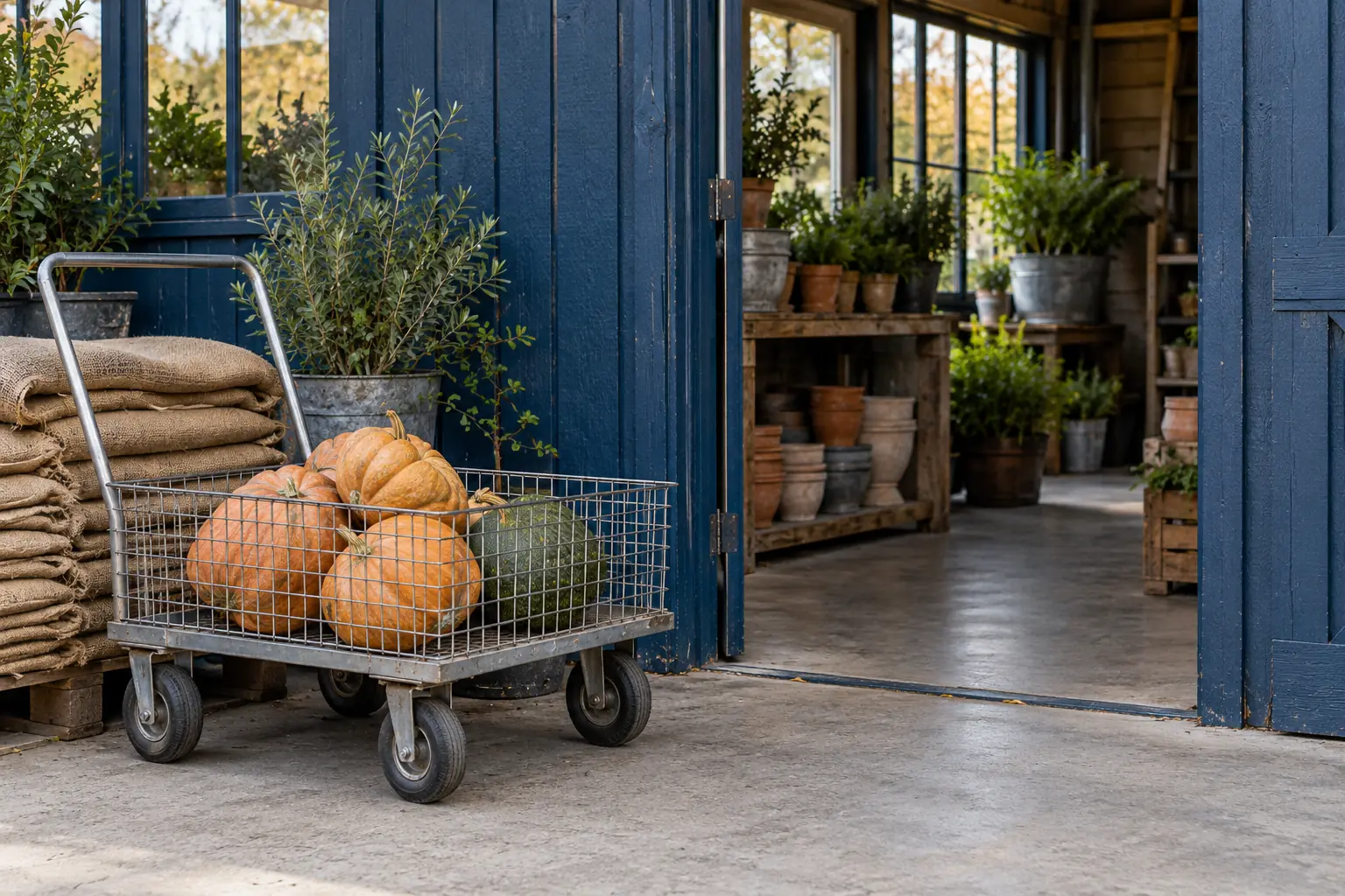 Illustration: Harvested pumpkins and squash in a wire trolley at a garden store.