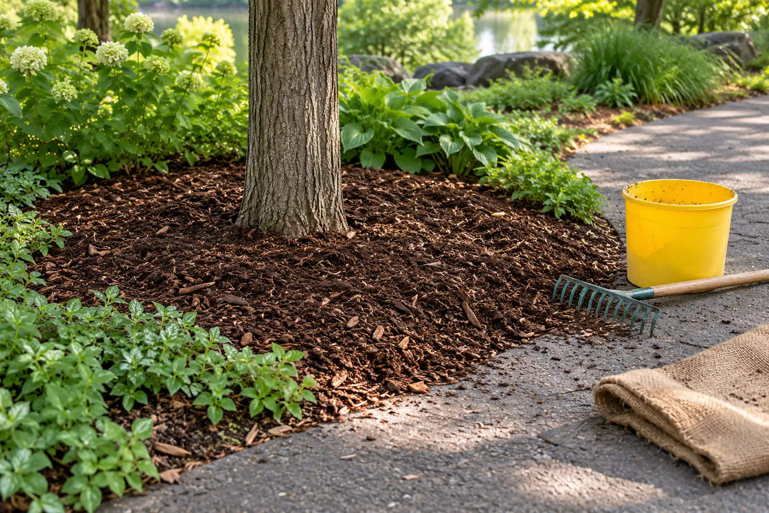 Illustration: A freshly mulched tree circle beside a path with a yellow bucket and rake.
