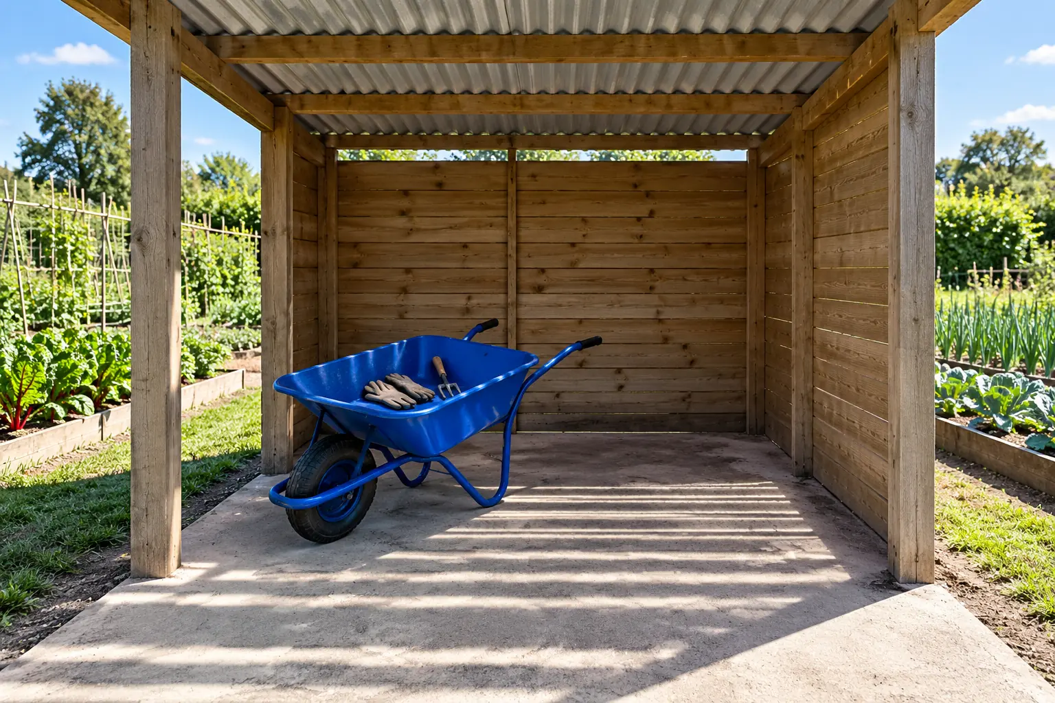 Illustration: A blue shared wheelbarrow parked beneath a garden shelter.