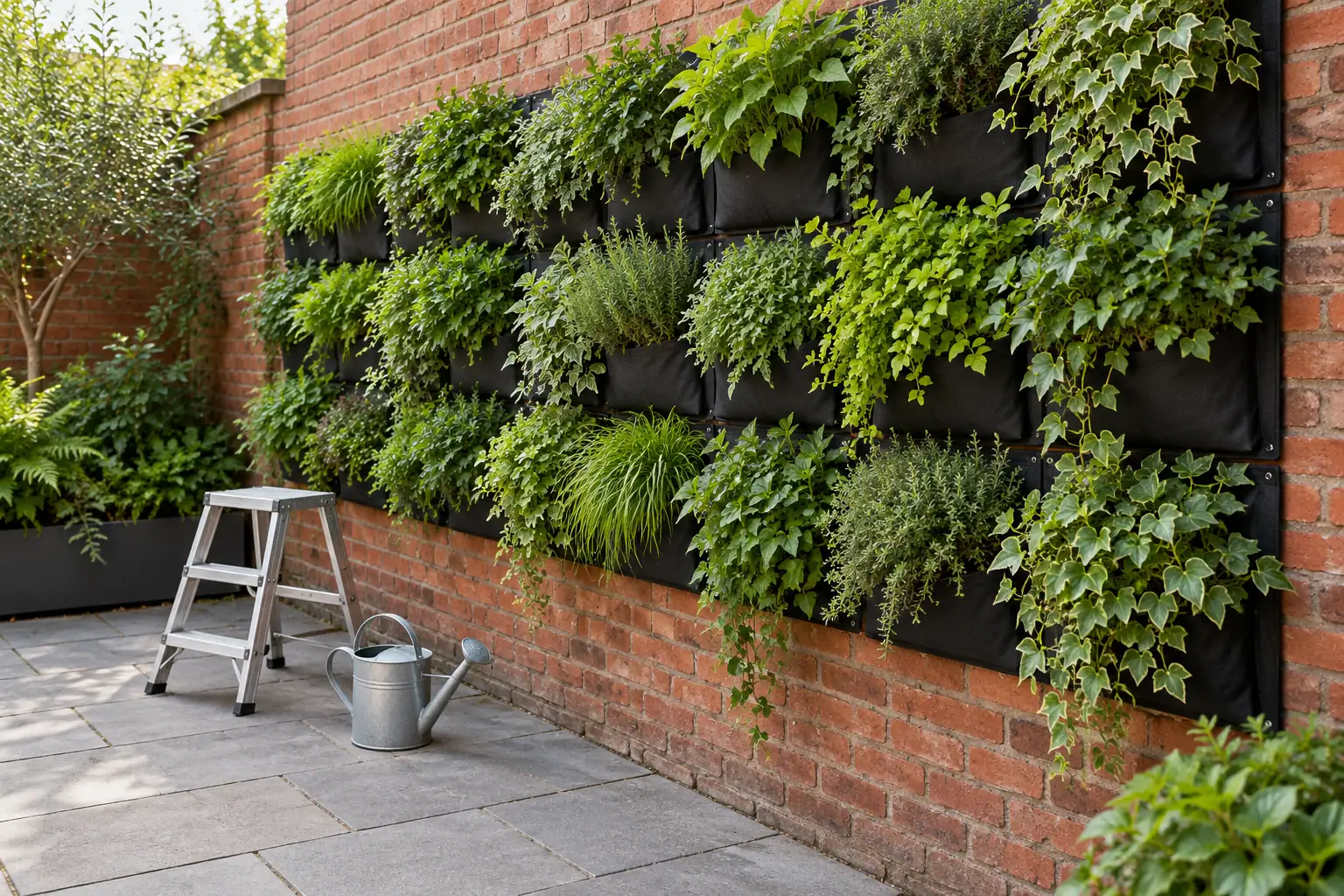 Illustration: A vertical courtyard garden with a step stool and watering jug.