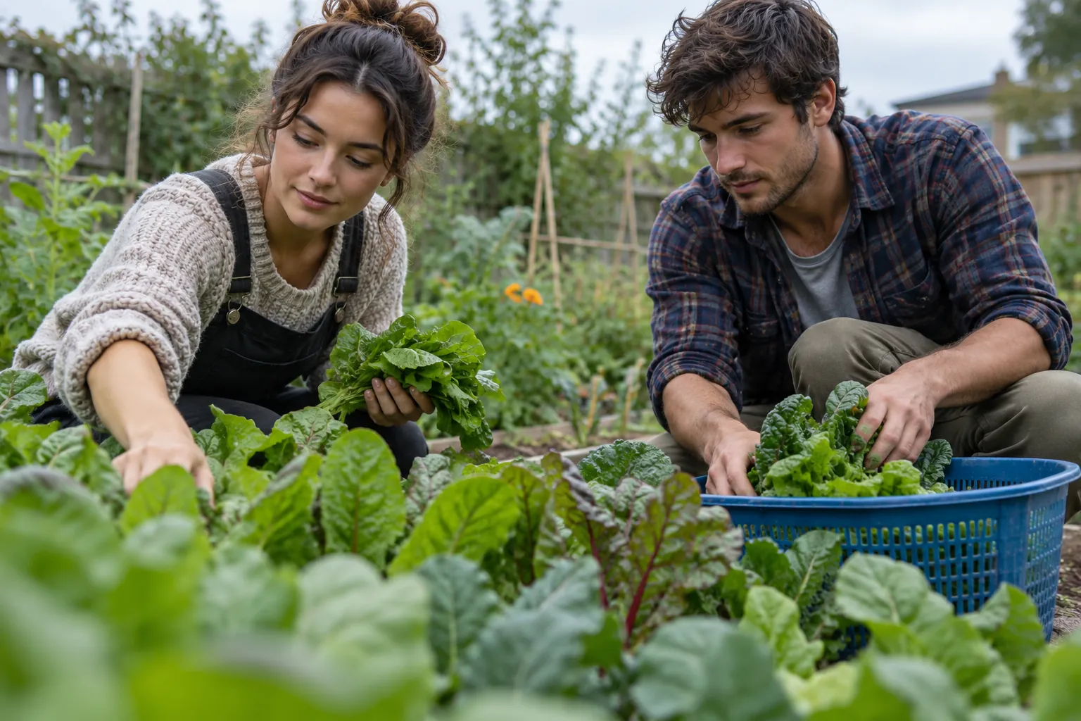 Illustration: Young adults gather leafy greens from a shared garden bed.
