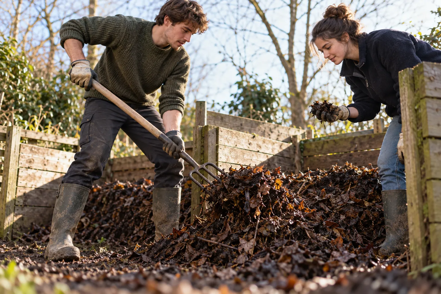 Illustration: Young adults turn leaf compost and check its texture together.
