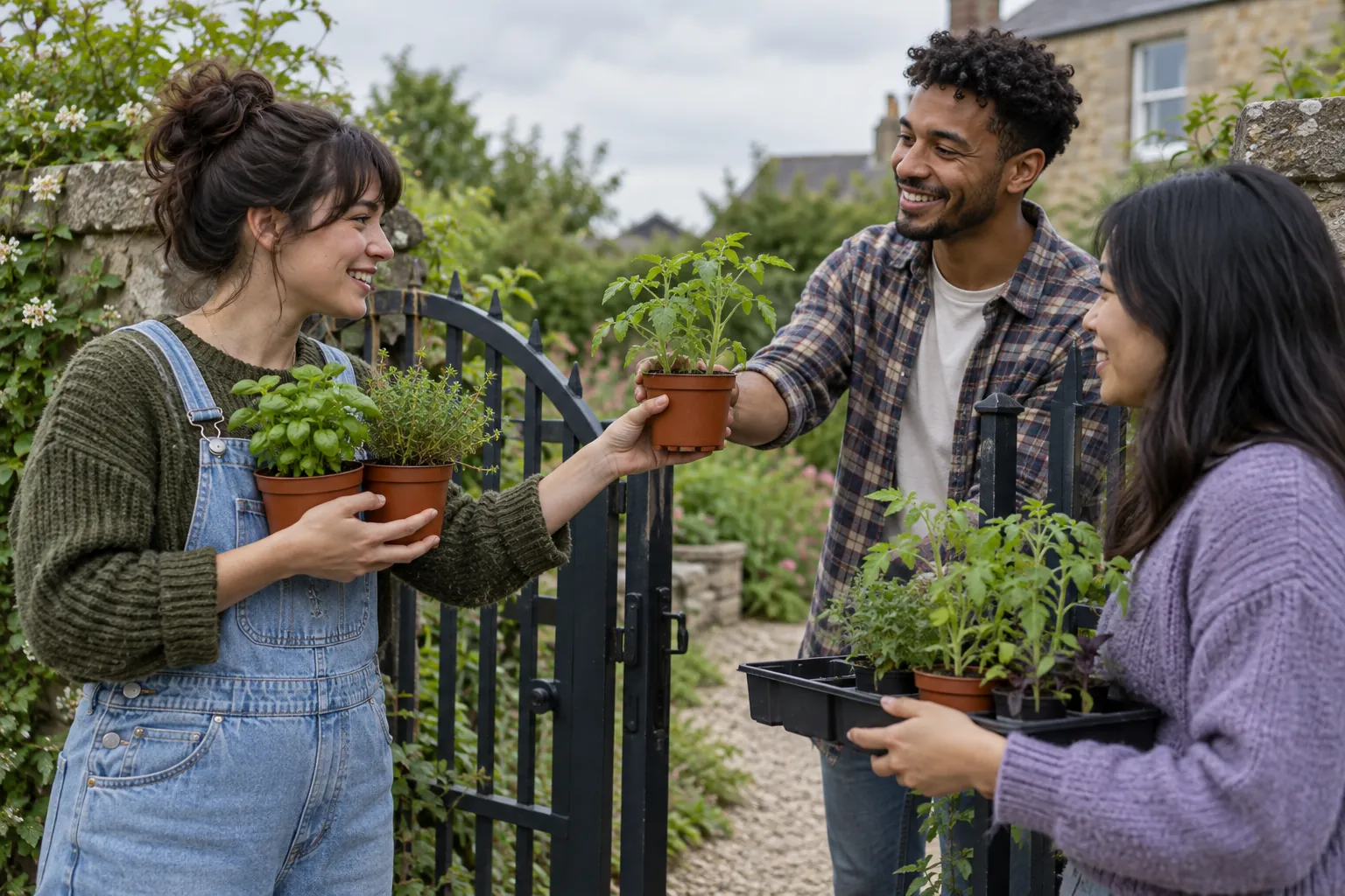 Illustration: Young adults exchange potted plants beside a garden gate.