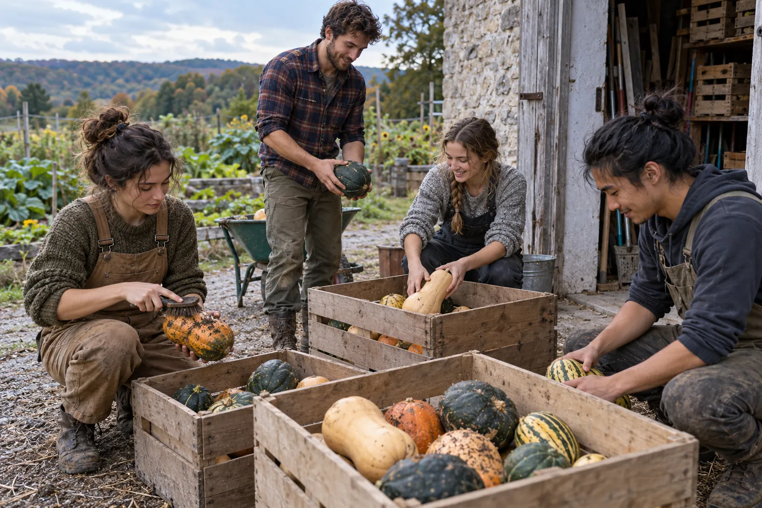 Illustration: Young gardeners sort harvested squash into crates.