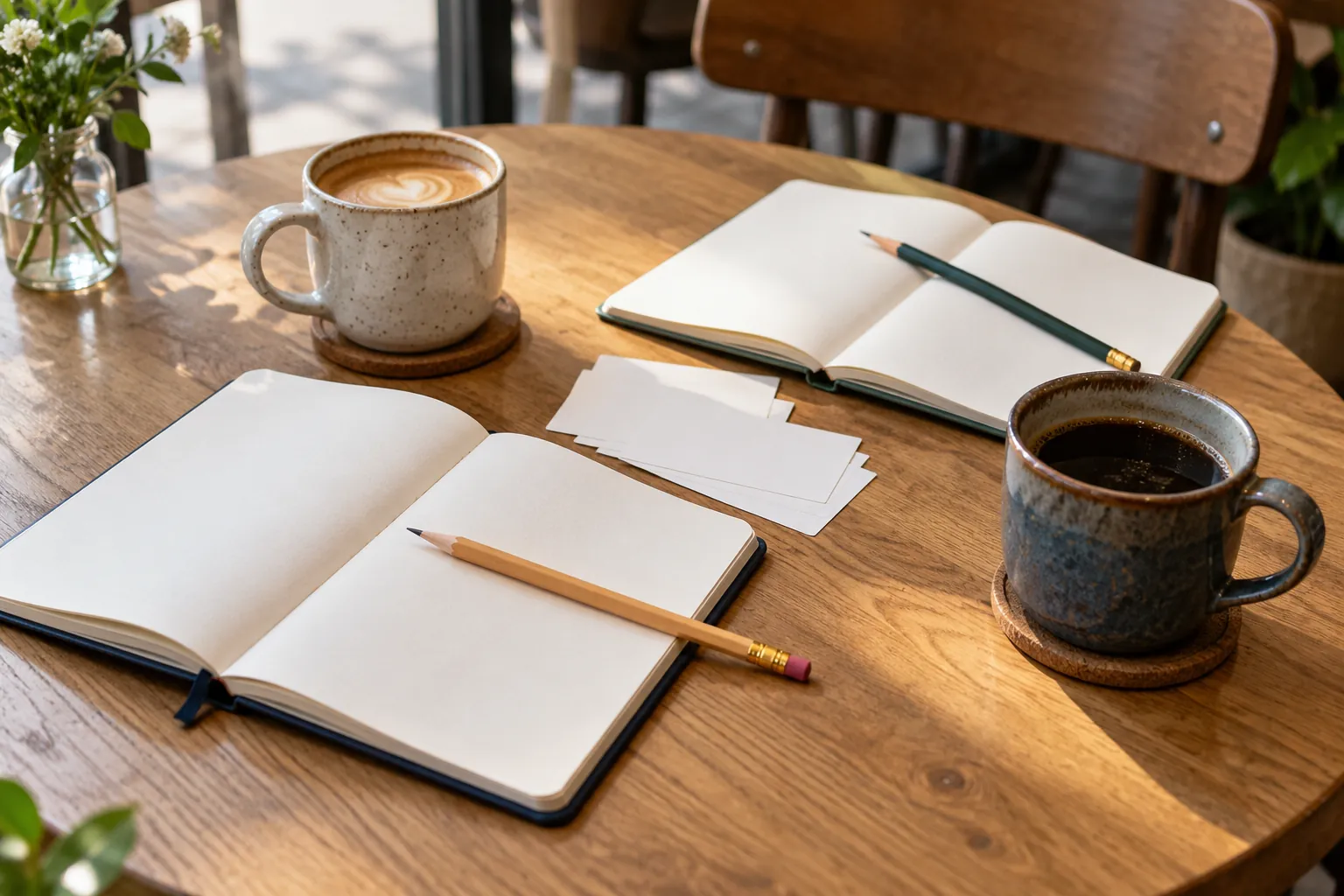 Illustration: Open notebooks, pencils and cups arranged on a wooden table.
