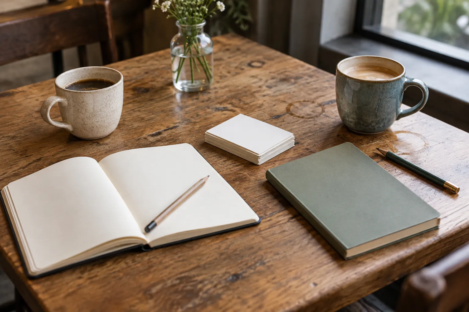 Illustration: Two notebooks, pencils and vocabulary cards across a café table.