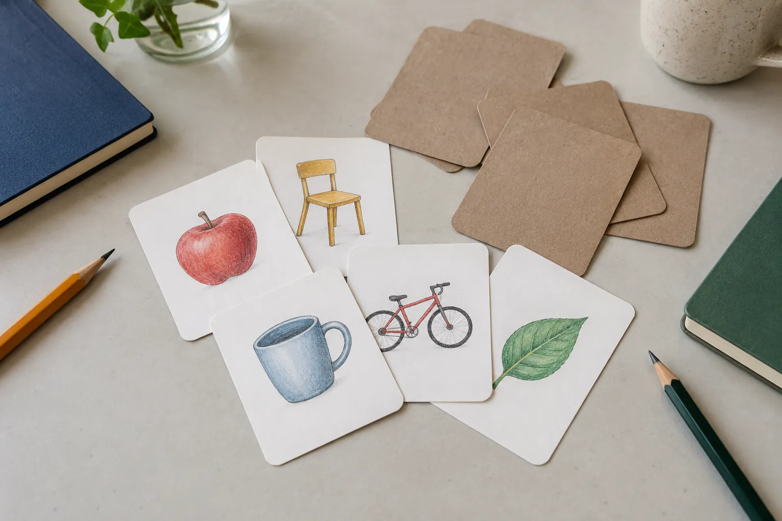 Illustration: Wordless picture cards, pencils and notebooks arranged for conversation practice.