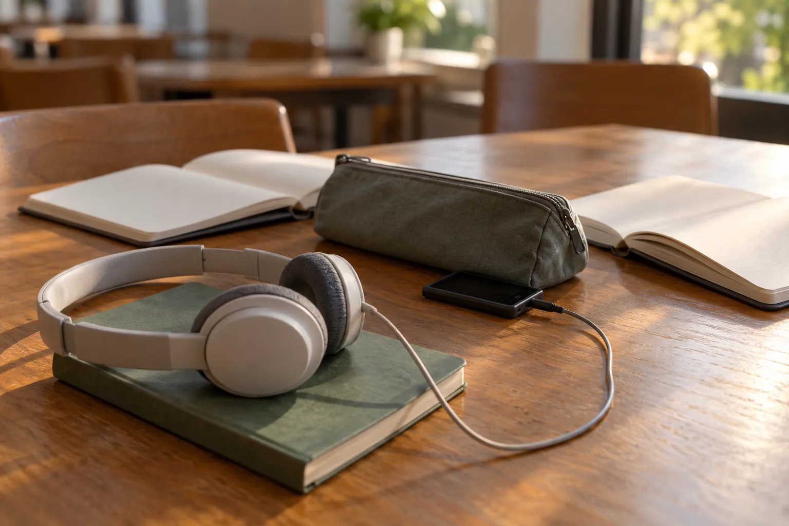 Illustration: Headphones, a plain pocket book and notebooks on a shared study table.