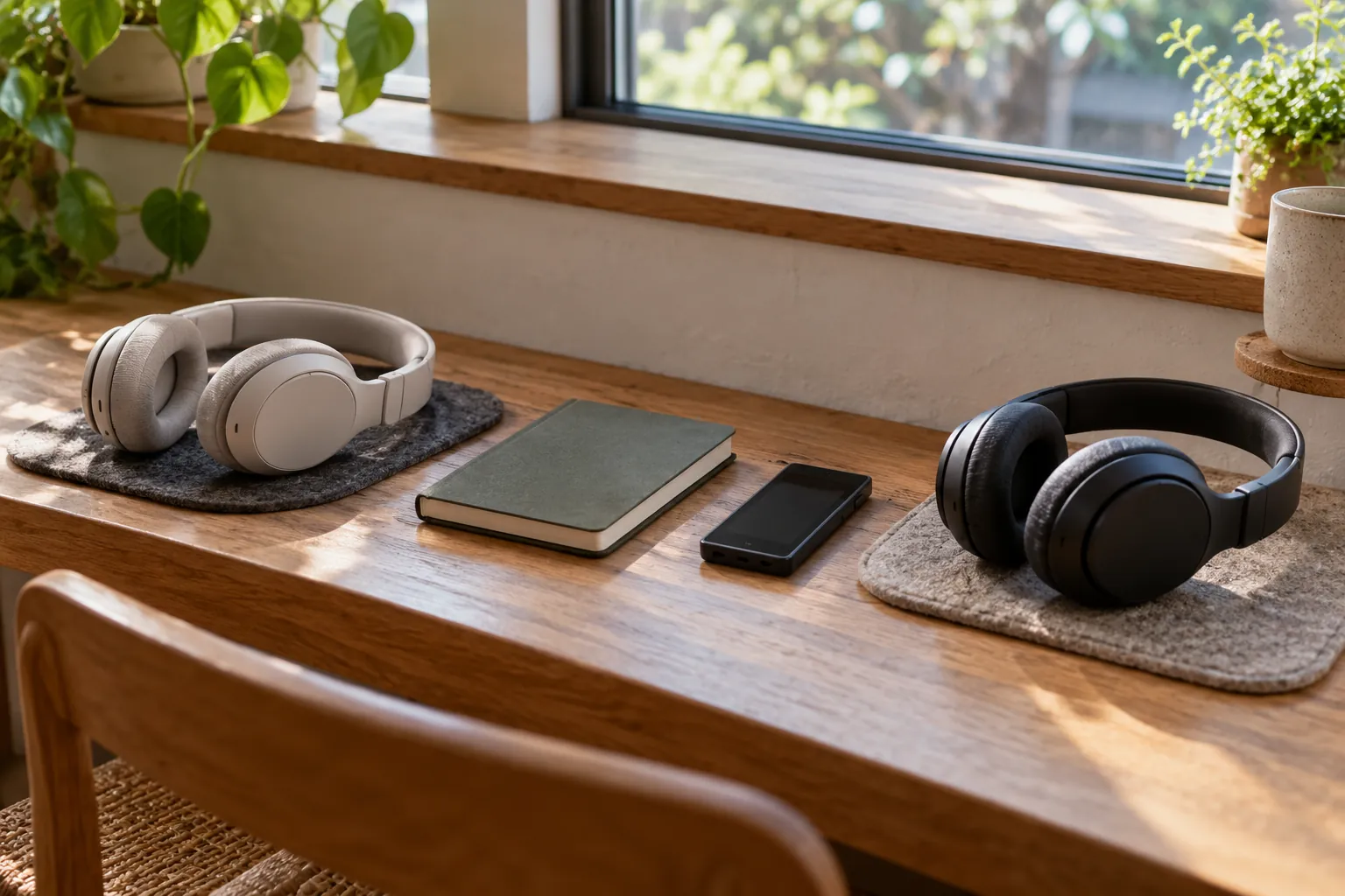 Illustration: Two headphones, a closed pocket book and a dark-screen audio player on a study bench.