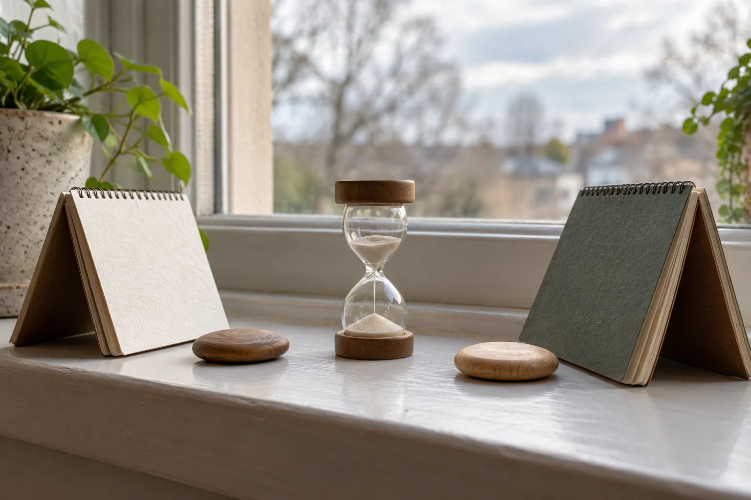 Illustration: A sand timer and wooden speaking tokens between two blank notebooks.