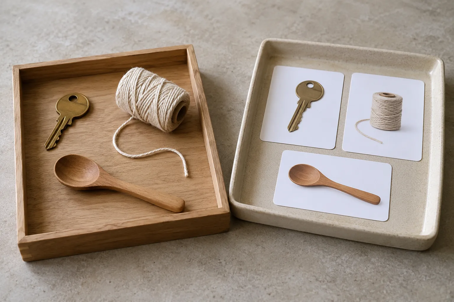 Illustration: Everyday objects and matching wordless picture cards in two facing trays.