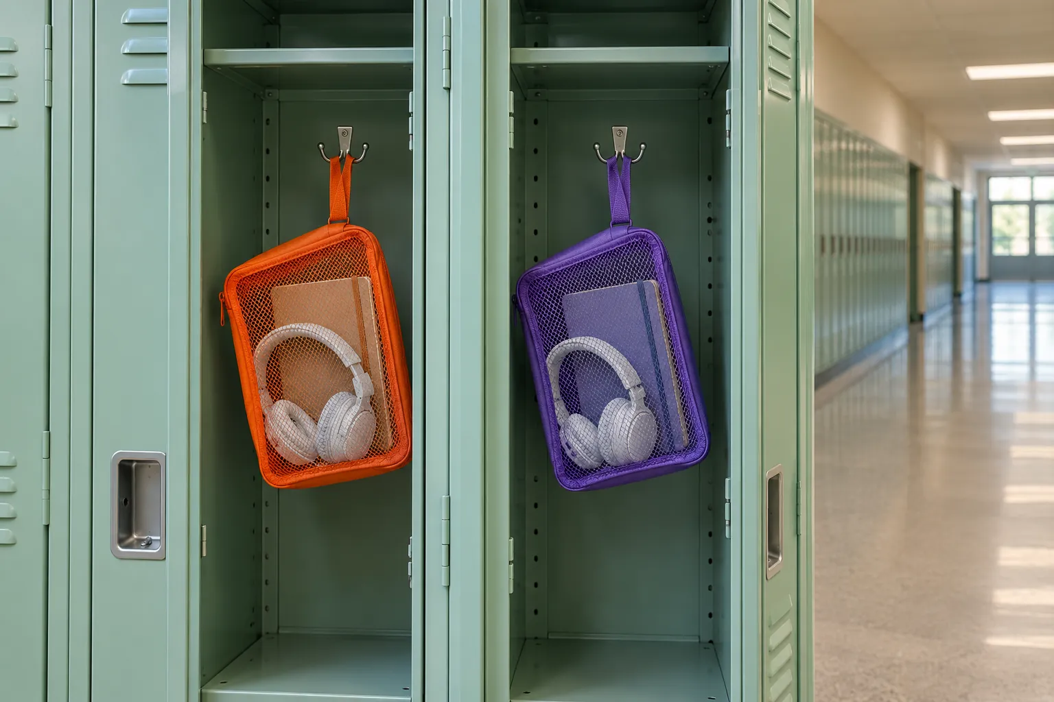 Illustration: Two portable listening kits hanging inside mint-green lockers.