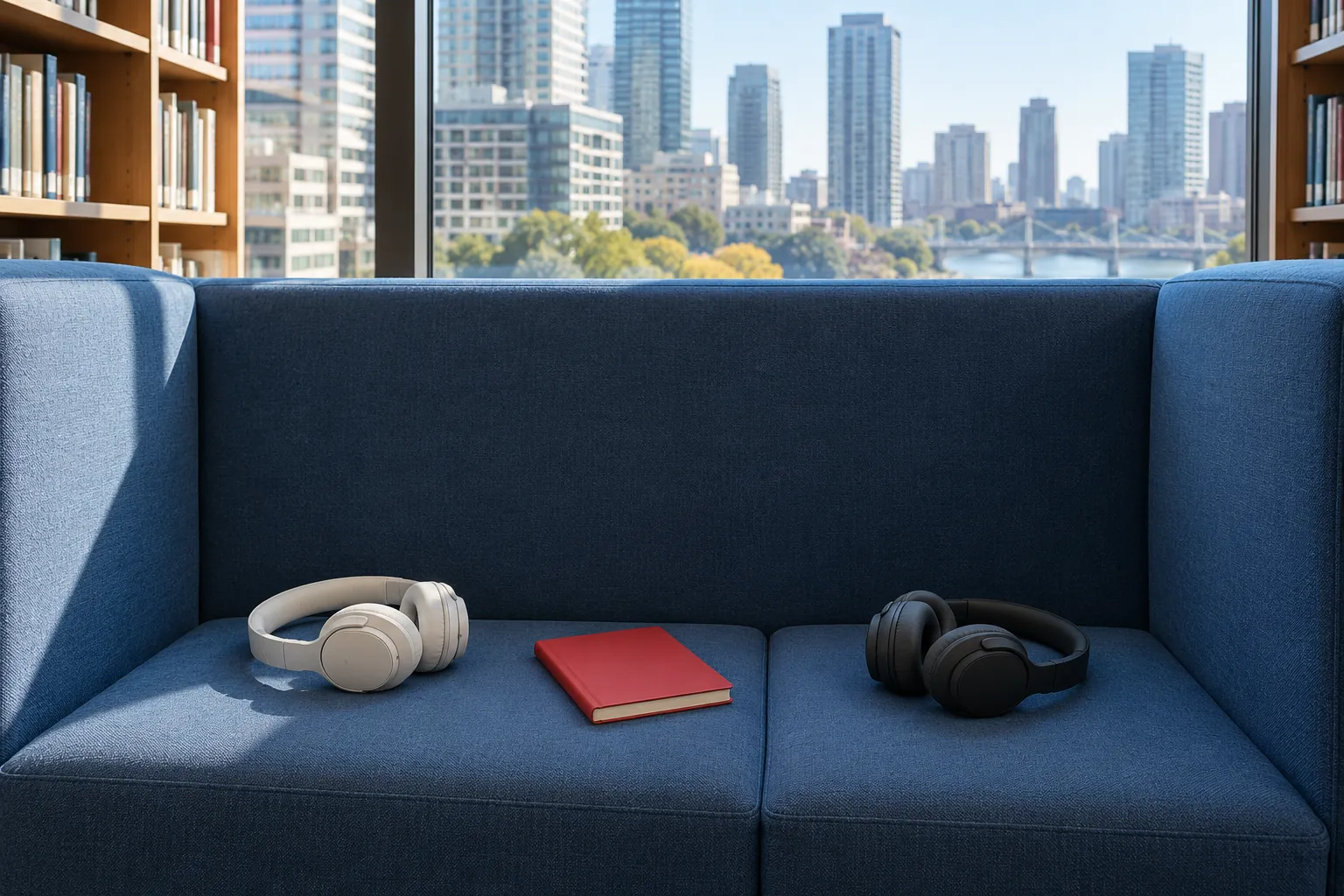 Illustration: Two headphones and a closed red notebook in an empty blue window booth.