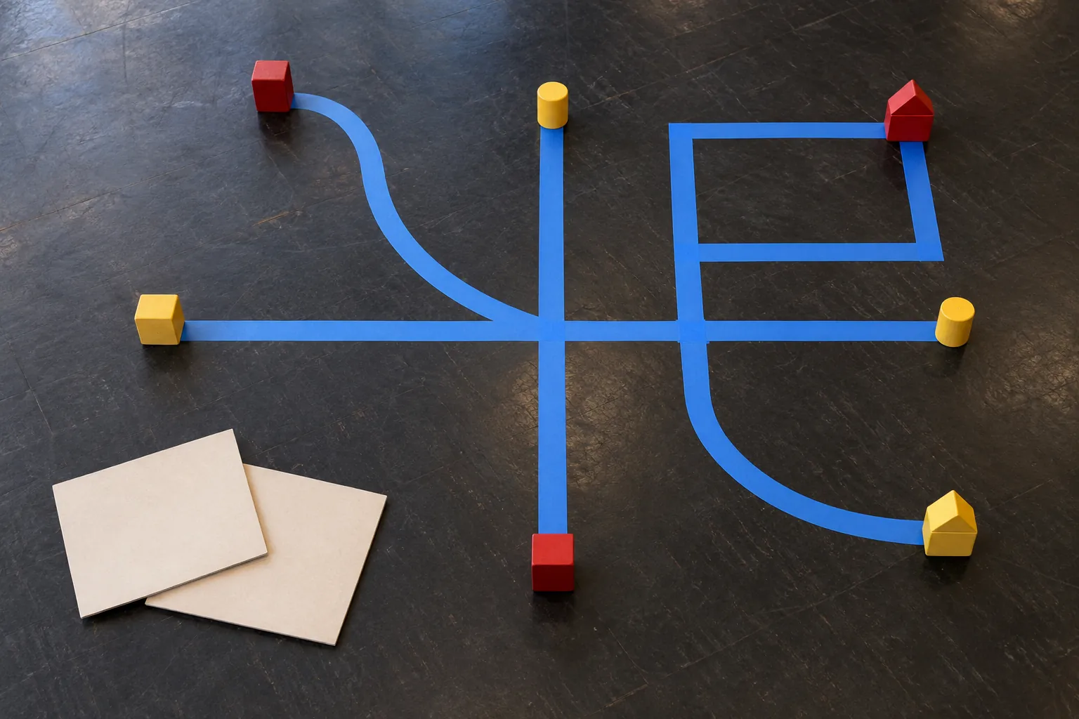 Illustration: Blue tape routes and colored wooden landmarks laid out on a dark gym floor.