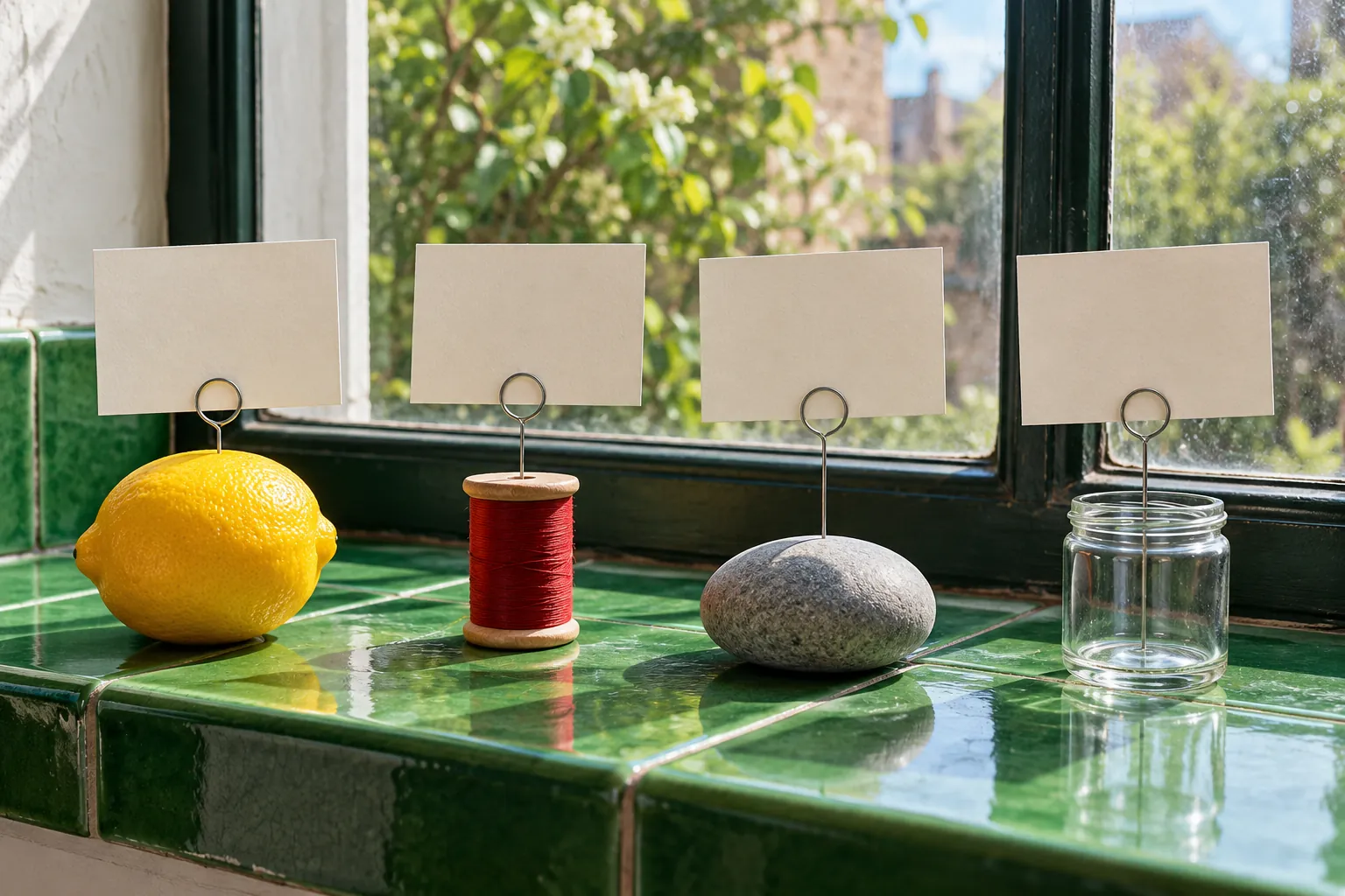 Everyday objects and blank-backed prompt cards on a green tiled ledge.