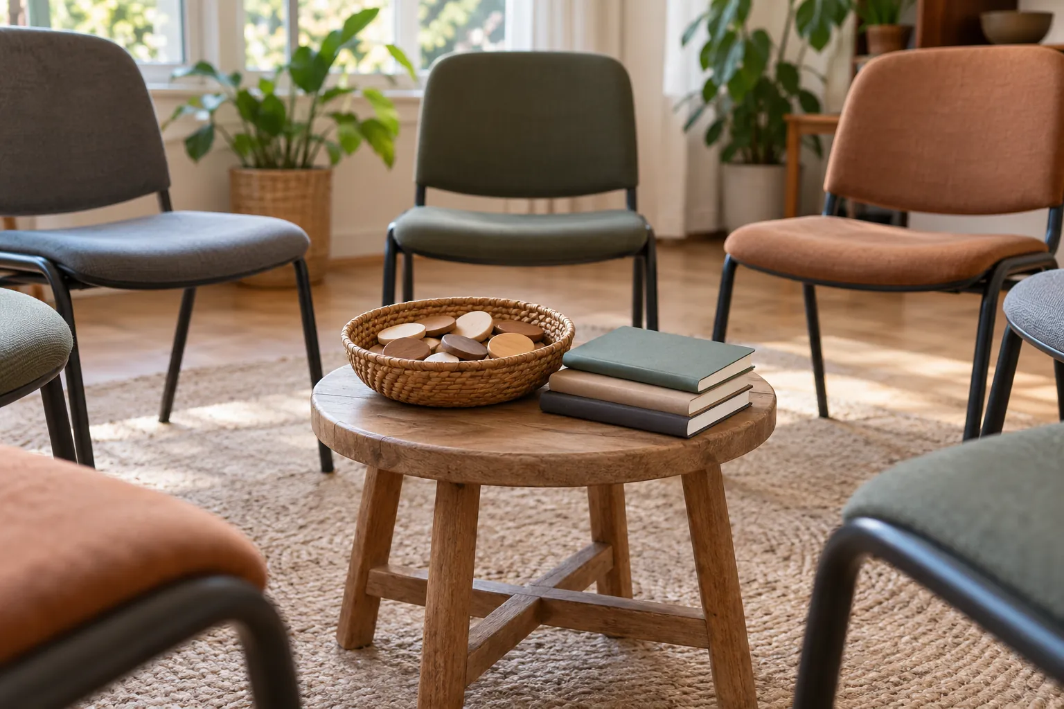 Illustration: Speaking tokens and pocket notebooks on a stool within an empty conversation circle.
