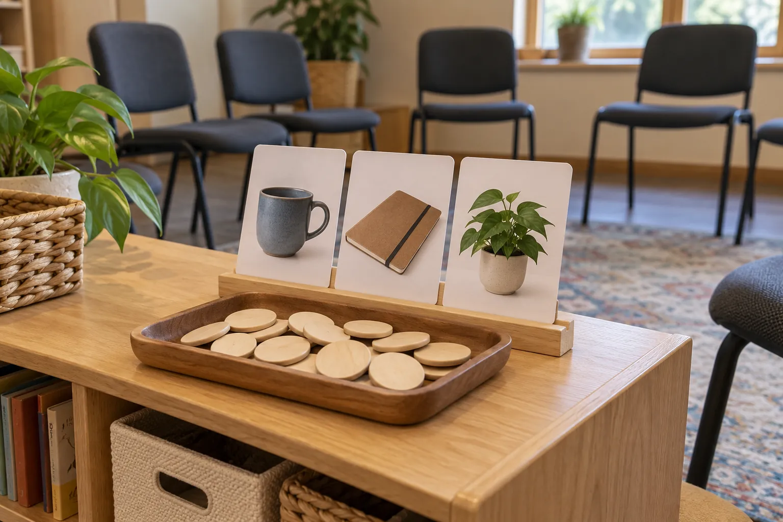 Illustration: A stand of wordless object cards and wooden tokens beside an empty chair circle.