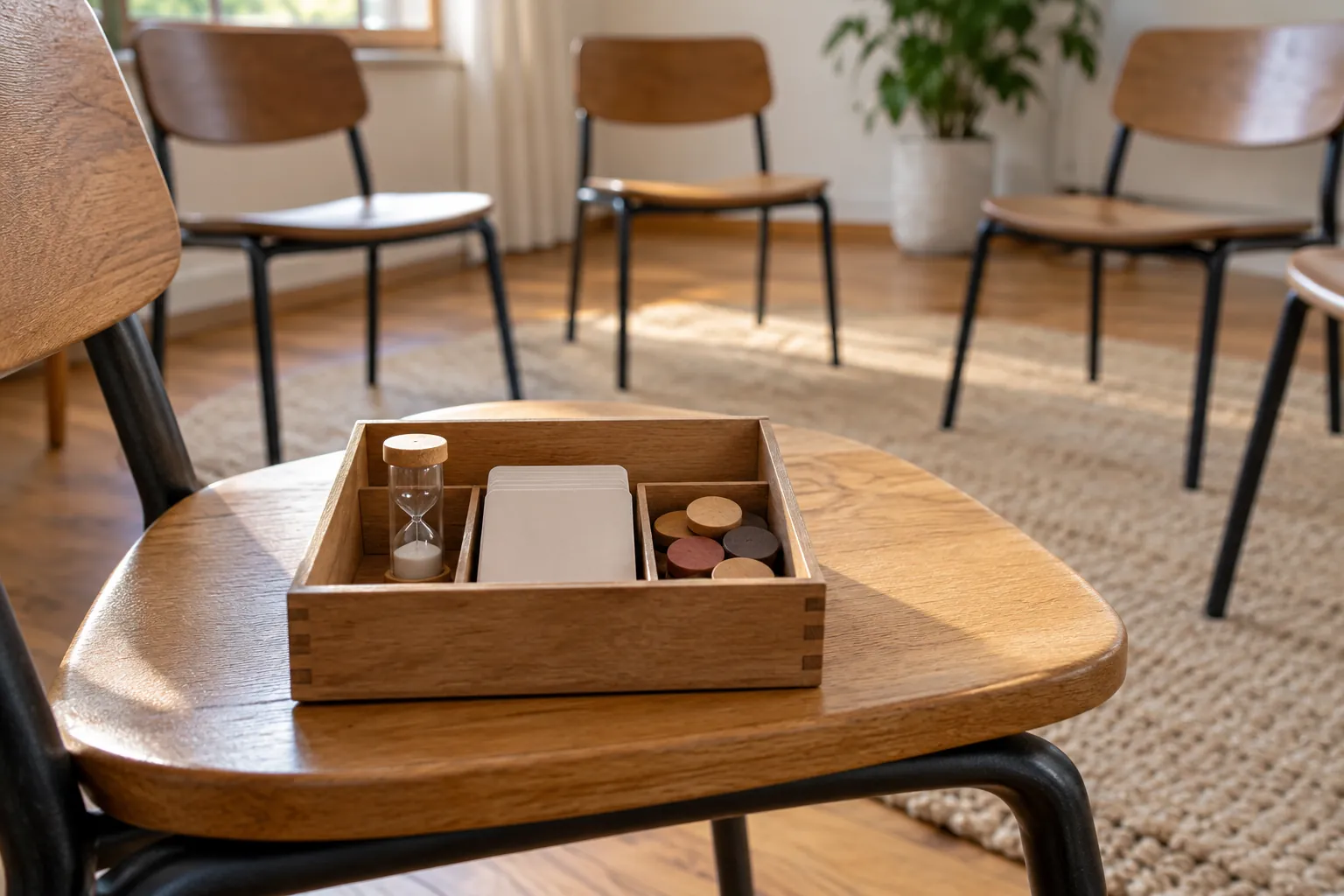 Illustration: An open box of conversation cards, a sand timer and wooden counters on a chair.