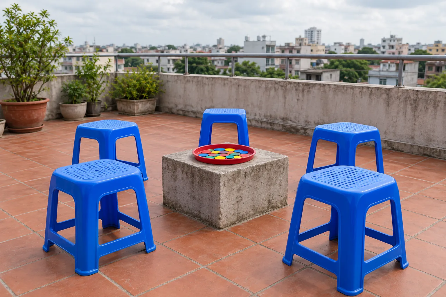 Illustration: Blue stools surrounding a tray of conversation counters on a tiled roof terrace.