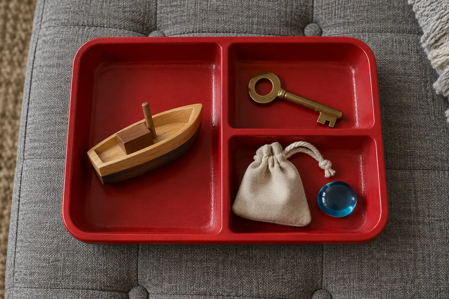Illustration: A divided red tray holding simple objects for a storytelling circle.