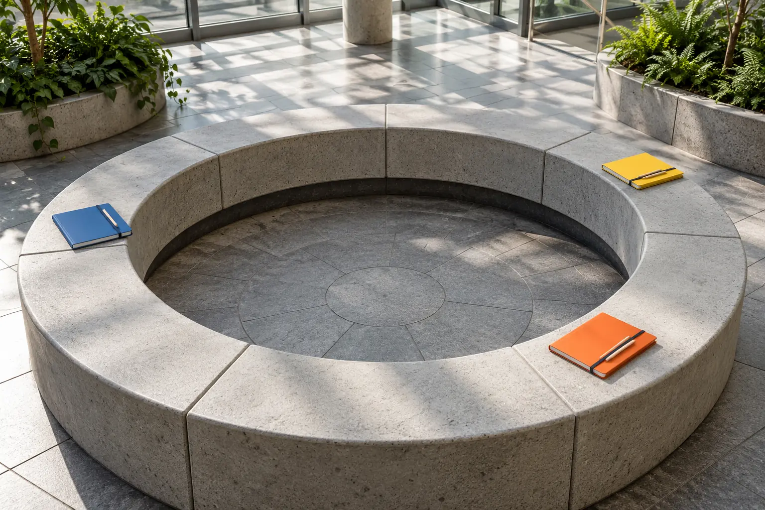Illustration: Colorful closed notebooks spaced around a circular concrete bench.
