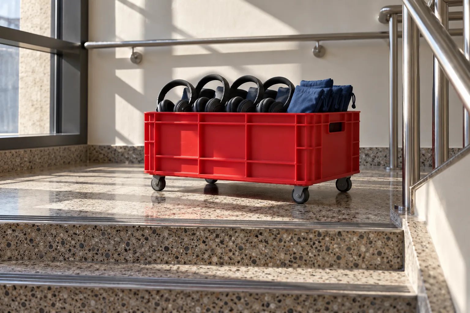 Illustration: A red crate of listening equipment on an empty terrazzo stair landing.