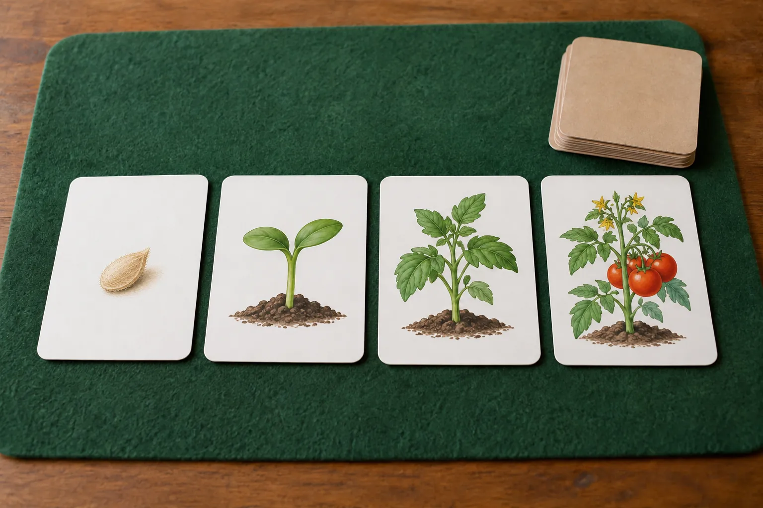 Illustration: Wordless seed-to-fruit picture cards arranged on a felt mat.