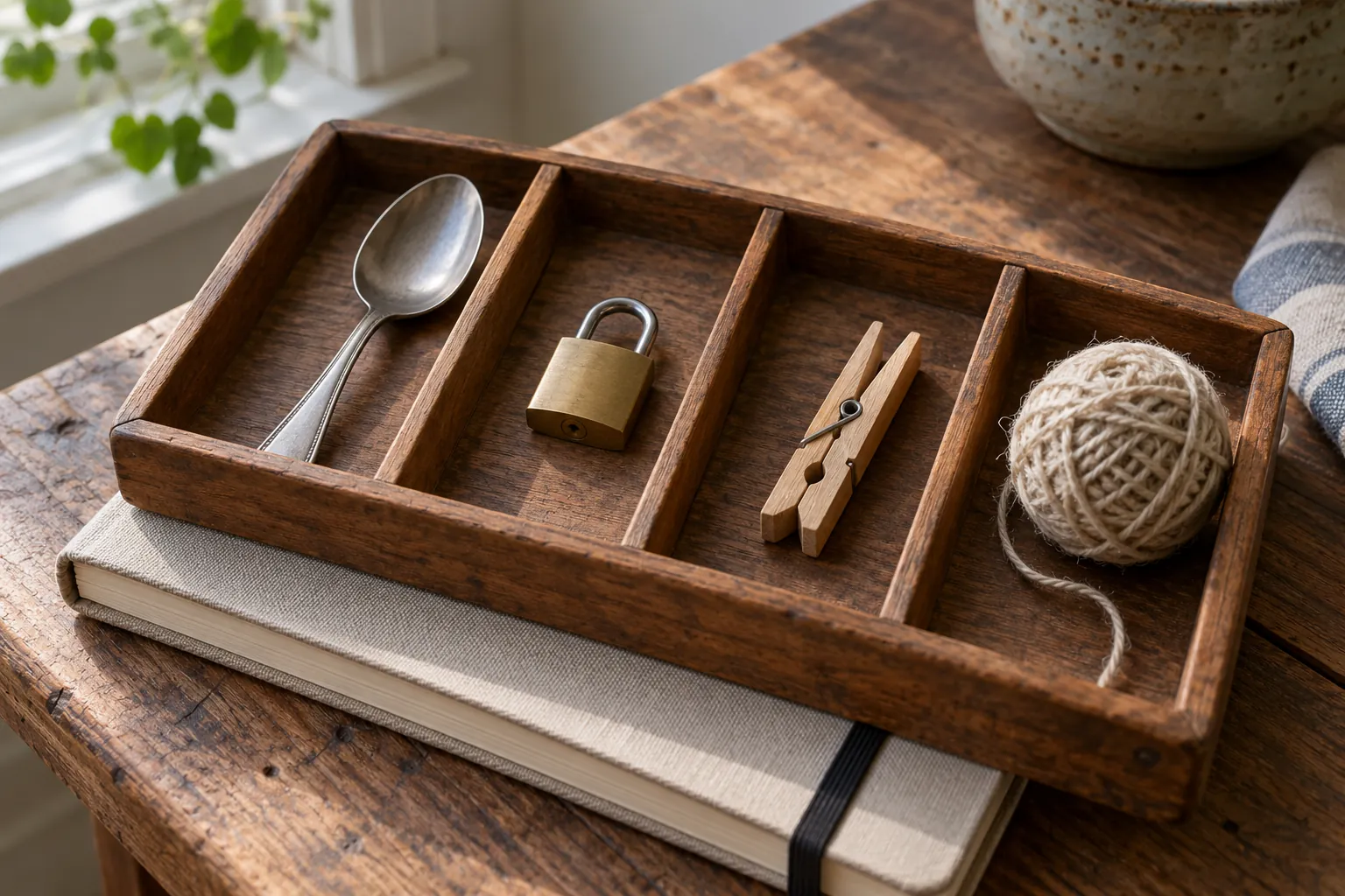 Illustration: A spoon, padlock, clothes peg and string in a vocabulary-practice tray.