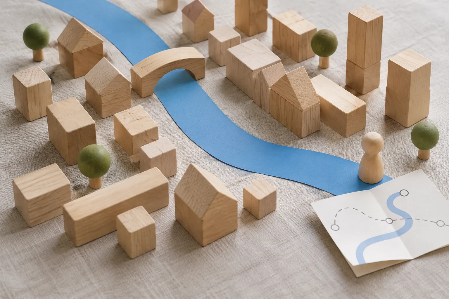 Illustration: Wooden blocks, a blue paper river and a pawn on an unlabeled route model.
