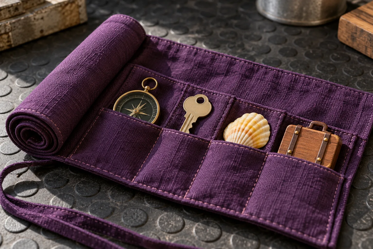 Illustration: Small travel-story objects arranged in a purple fabric roll.