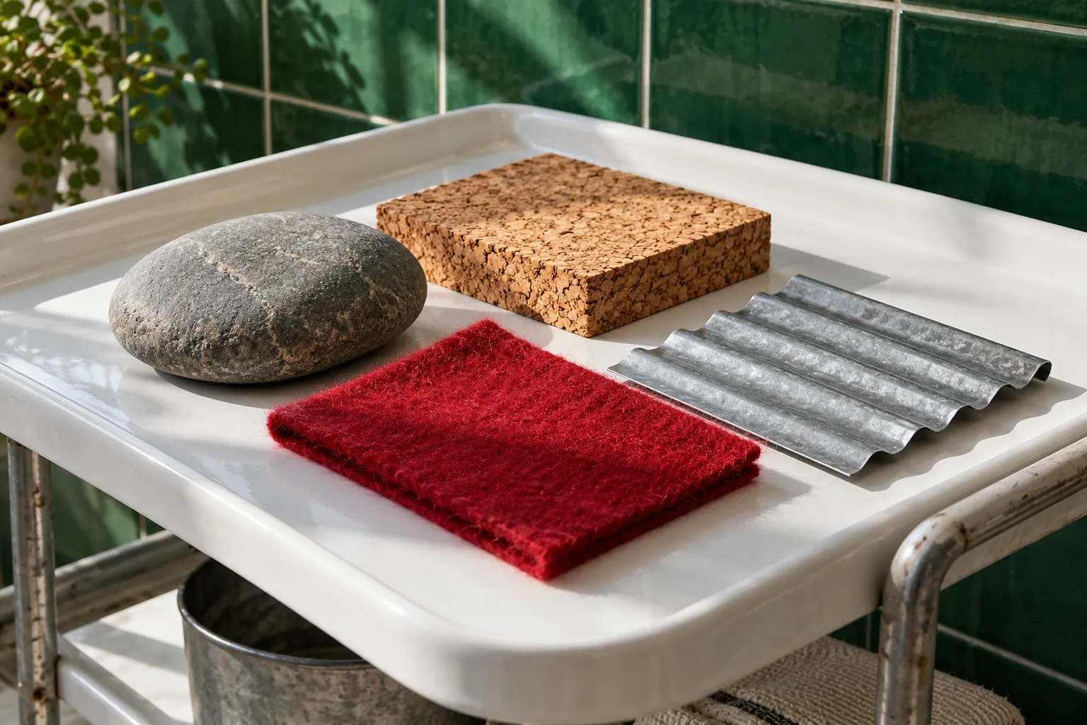 Illustration: Contrasting texture samples on a white enamel washstand.