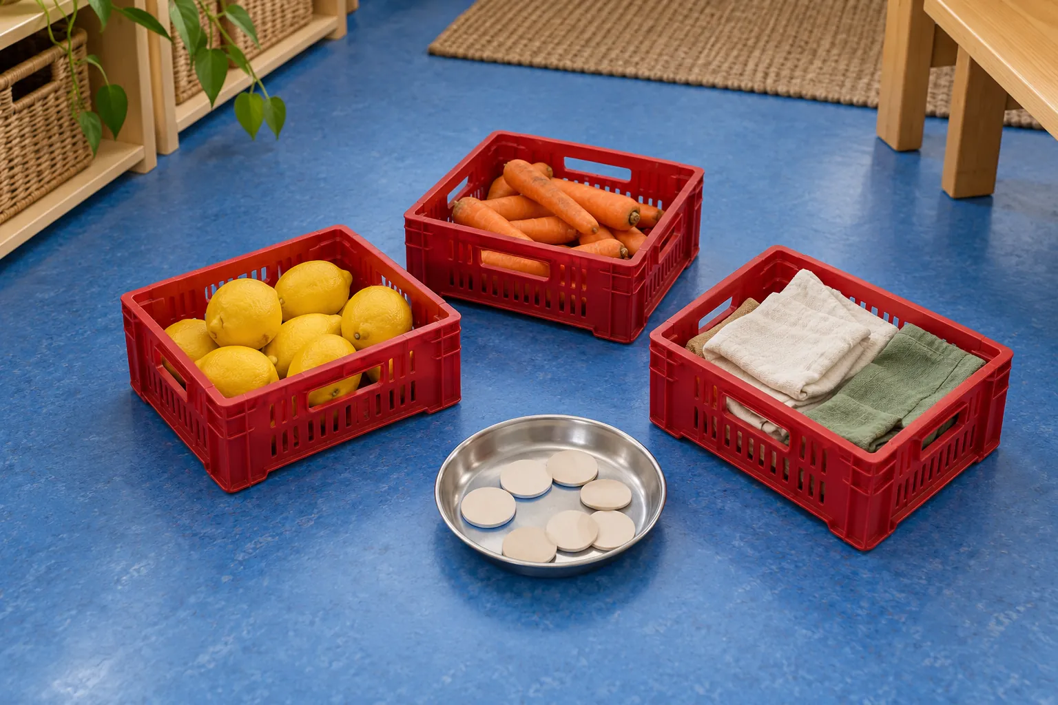 Illustration: Produce and fabric in low crates for wordless market conversation practice.