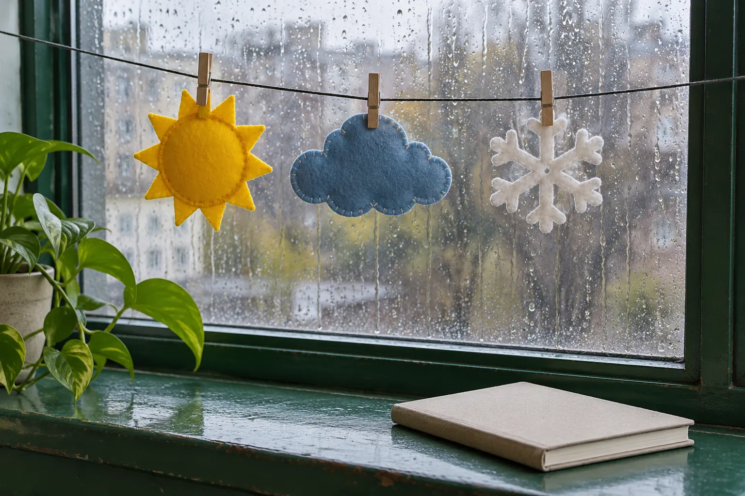 Illustration: Handmade felt weather shapes at a rain-streaked window.