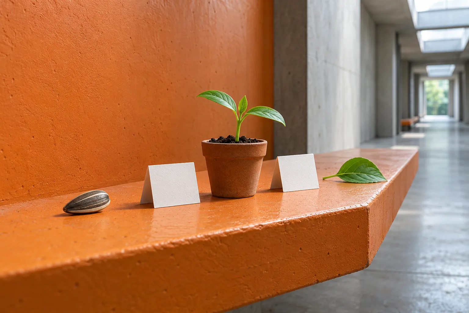 Illustration: A seed, seedling and leaf arranged in sequence on an orange wall ledge.