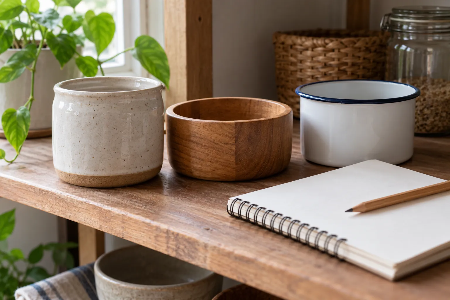 Illustration: Ceramic, wooden and enamel containers beside a blank notebook and pencil.