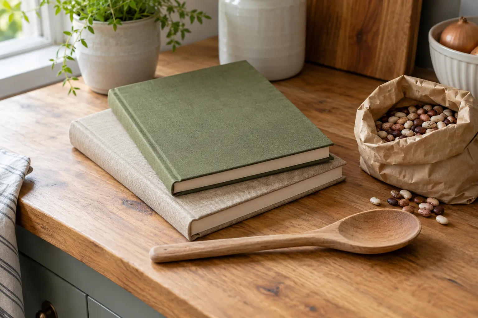 Illustration: Blank recipe notebooks, a wooden spoon and loose beans on a shared kitchen bench.