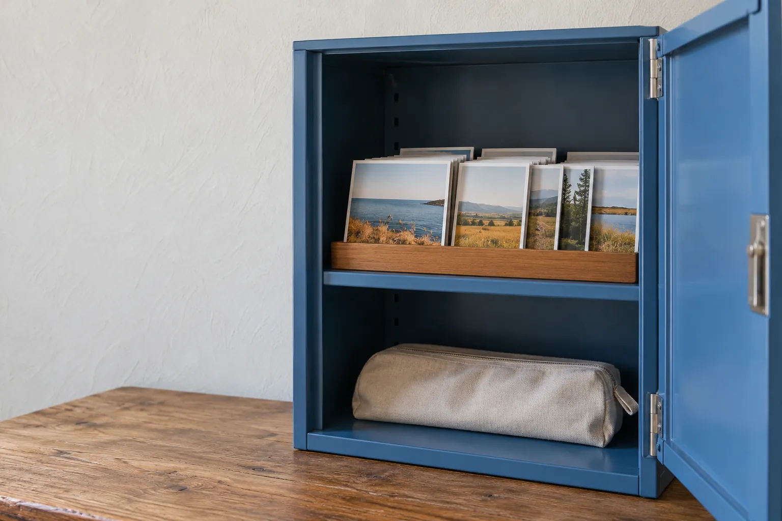 Illustration: Uncaptioned landscape cards arranged inside a blue metal cabinet.